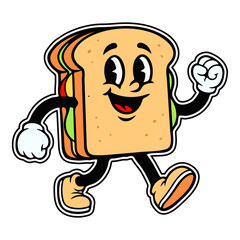 Bread Sandwich Slice Cartoon Character, Fun Bakery and Breakfast Mascot Illustration