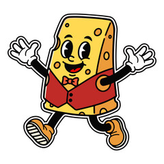 Cheese Cartoon Character with Bow Tie, Funny Food Mascot Illustration for Dairy Branding