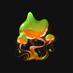 Enchanting illustration of a magical luminous fungus with a glowing green cap and surreal patterns on a dark background