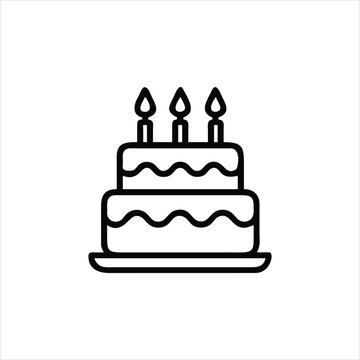 Simple line art icon of a two-tiered birthday cake with three lit candles and a serving plate, perfect for celebrations and party themes.
