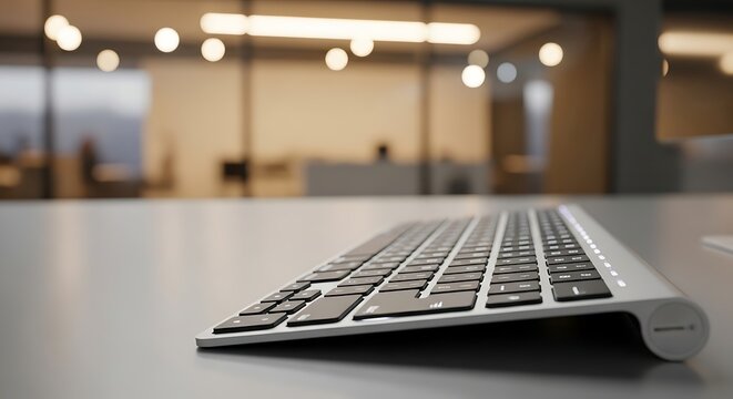 Closeup of a sleek wireless keyboard on a white desk in a modern office with blurred background and soft lighting, creating a professional atmosphere