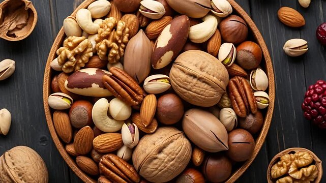 Assortment of shelled and unshelled nuts including walnuts almonds pistachios and pecans arranged in wooden bowl on rustic table