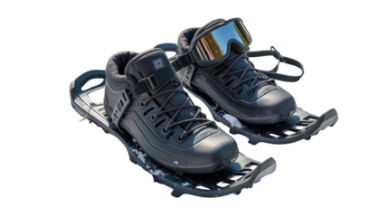 Black snowshoes and goggles on a black background