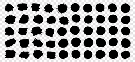 Round ink brush circles and freeform shapes. Grungy vector black ink circles. Brush handdrawn textured punk round artistic Chinese or Korean design elements. Japanese enso zen circles. Sun symbols