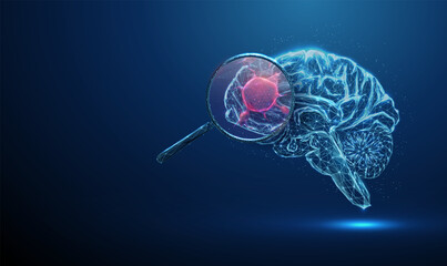 Human brain under magnifying glass with red tumor inside Brain cancer diagnostics, neurological disease detection, pathology investigation, biomedical study concept.