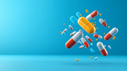 Dynamic burst of colorful capsules pharmacy setting digital artwork clean background creative perspective pharmaceutical innovation