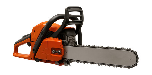 Fototapeta premium Petrol-powered chainsaw with a long bar for cutting trees and large timber on-site.