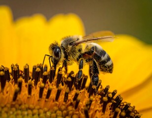 Naklejka premium A macro shot showcases a honeybee covered in pollen. The bee is perched upon the textured yellow center of a sunflower. The background is blurred