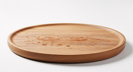 Obraz premium Empty wooden plate with water drops on white background.