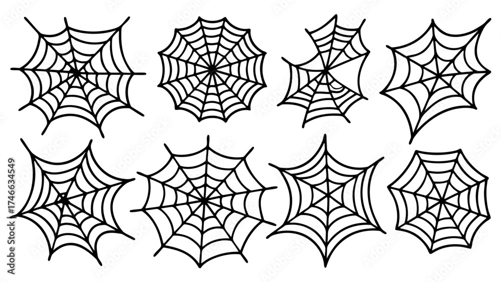 Wall mural set of eight spider web illustrations with circular and irregular cobweb patterns in black outline s