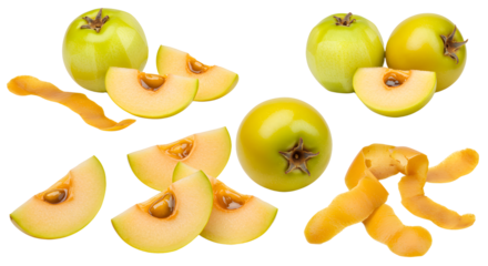 Fresh green apples whole and sliced with peels isolated on white background, healthy fruit snack perfect for food blogs and nutrition articles