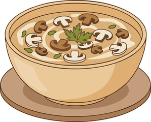 Creamy Mushroom Soup Vector – Tan Bowl with Sliced Mushrooms, Parsley Garnish, and Plate, Flat Cartoon Illustration Isolated