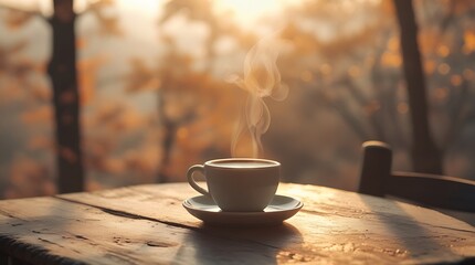 Obraz premium Korean minimalism aesthetic, autumn morning, cup of coffee on wooden table, soft sunlight, beige tones, peaceful and cozy atmosphere, calm lifestyle