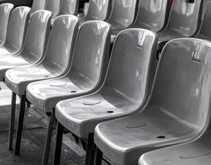 Fototapeta premium A grayscale image of an outdoor seating arrangement with empty plastic chairs. The chairs are lined up in rows, casting shadows