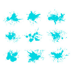 Collection of vibrant teal blue ink splatters and paint splashes on a white background
