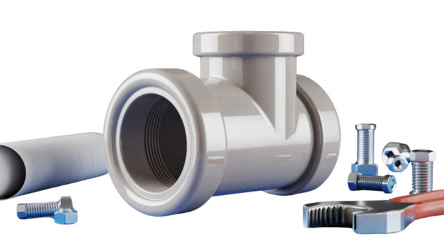 Plumbing pipe fittings and tools on a black background