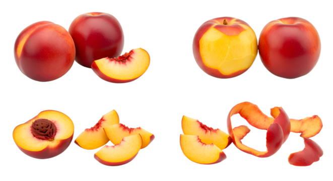 Fresh ripe peaches with slices and peel isolated on white background, perfect for food packaging and healthy recipes