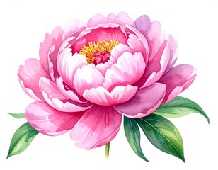 A close-up, vibrant watercolor depiction of a peony bloom. The pink petals gracefully unfurl, accented by a yellow center and green leaves