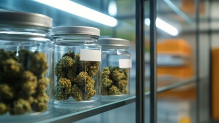 Cannabis showcase dispensary product display indoor environment close-up view greenery concept for modern consumers