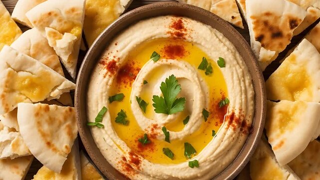 Aerial shot of hummus in a bowl with drizzle and seasoning surrounded by pita bread triangles on a wooden board accompanied by olives