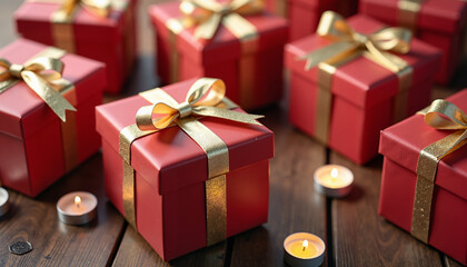 Red gift boxes with gold bows and candles, warm festive celebration