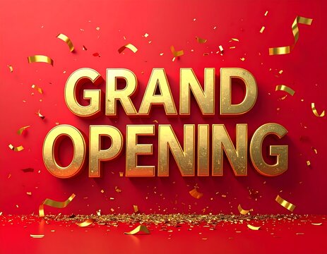 A celebratory announcement of a significant event is presented with golden letters and falling confetti. The bold words stand out against a vivid red backdrop