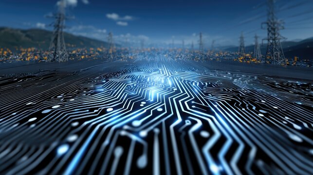 Circuit Board Cityscape: Tech, Innovation, Network