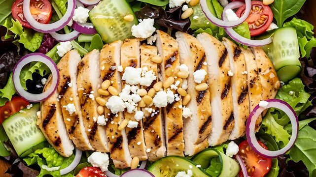 Overhead shot of colorful chicken salad featuring grilled chicken various greens tomatoes cucumbers feta red onion and pine nuts