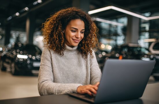 Young woman working on laptop in modern car dealership showroom with cars