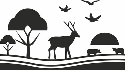Enchanting wildlife scene silhouette featuring deer, birds and boars in a calm natural habitat, perfect for nature lovers and outdoor adventures