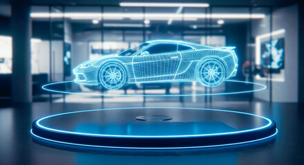 Supercar Hologram: 3D Frame on a Neon Podium - Model Presentation