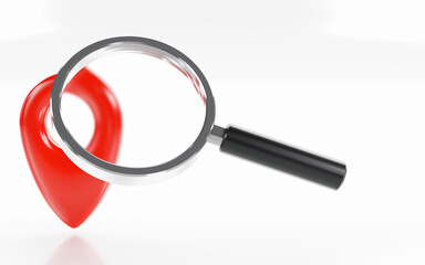 3D rendering of location pin with magnifying, searching location, navigation icon sign concept