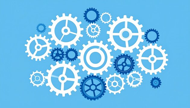A collection of gears of varying sizes and shades of blue and white floats across a soft blue background. The gears appear scattered yet interconnected