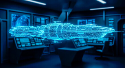 3D hologram of a starship: a drawing of the ship on the command bridge