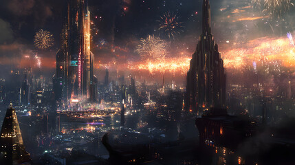 A breathtaking futuristic cityscape adorned with dazzling fireworks, illuminating the night sky with vibrant colors and creating a mesmerizing spectacle
