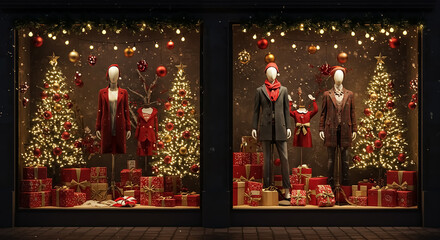 赤と金で統一されたクリスマスのショーウィンドウ