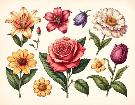 A collection of meticulously illustrated floral designs, showcasing diverse flower species with detailed petals, stems, and leaves against a cream backdrop