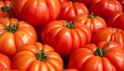 A close-up captures a bountiful display of fresh, ripe tomatoes. These vibrant, red fruits, arranged closely, evoke a sense of abundance