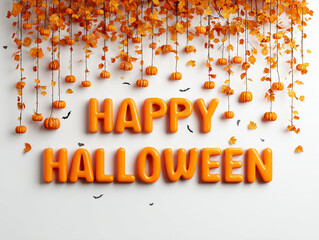 Full orange moon with bats and Happy Halloween text &ndash; horror spooky night illustration