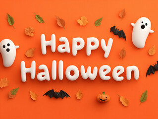 Happy Halloween text surrounded by autumn leaves on bright orange background &ndash; festive fall concept