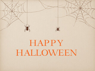 Simple Happy Halloween typography with spider webs on beige background &ndash; minimal spooky concept