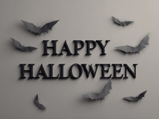 Minimal Happy Halloween design with flying bats on soft gray background &ndash; spooky elegant layout