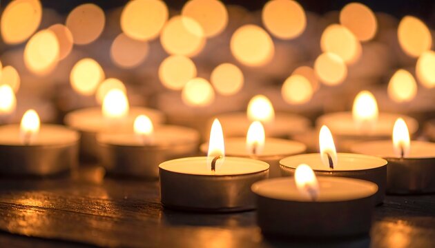 A close-up captures numerous lit tealight candles, creating warm illumination. Soft focus in the background enhances the overall cozy atmosphere - Powered by Adobe
