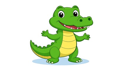 Fototapeta premium A cheerful, cartoon alligator with a big smile, welcoming arms, and a bright green and yellow color scheme. Its eyes are round, and it has small teeth