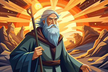 Fototapeta premium vector of It is bent, but not broken. The old man bent his stature with time, not his heart. His staff is the pillar of his faith on the road to the light.