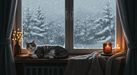 雪降る窓辺でくつろぐ猫と冬の灯り