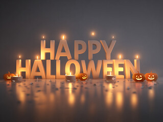 Elegant glowing Happy Halloween 3D text with reflections on dark surface &ndash; luxury horror background