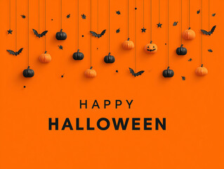 Halloween hanging bats and pumpkins on bright orange background &ndash; minimalist spooky party design