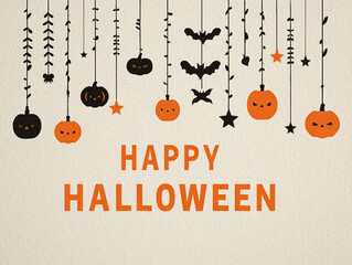 Hanging pumpkins and bats on white background &ndash; minimalist Happy Halloween decoration design