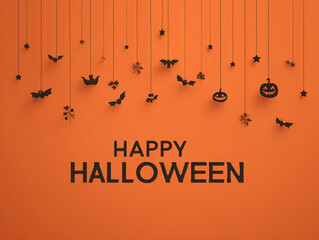 Hanging bats and pumpkins on orange background &ndash; festive Halloween party concept design